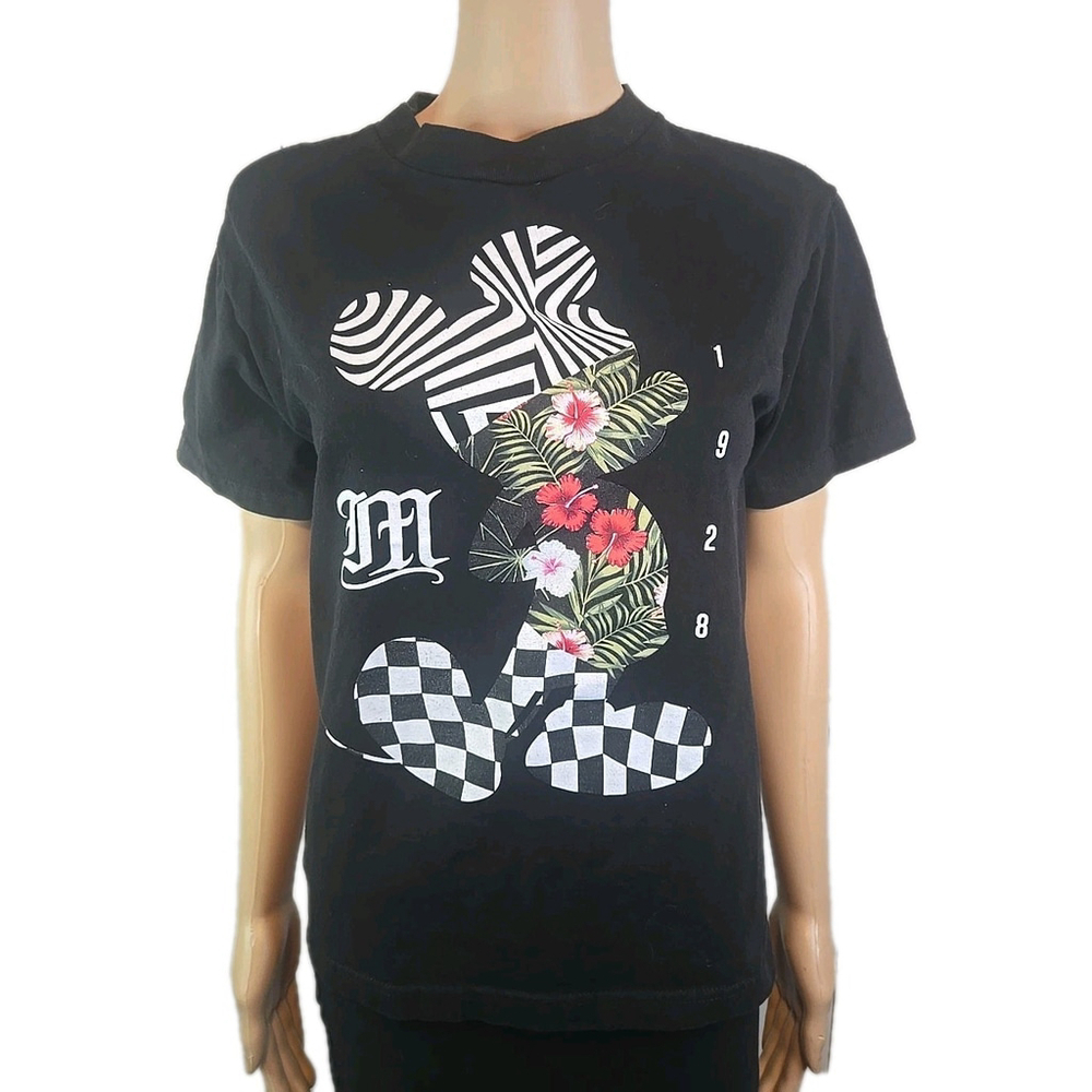 Disney Mickey Mouse Graphic Tee Black 1928 Floral Checker Shirt Sz S